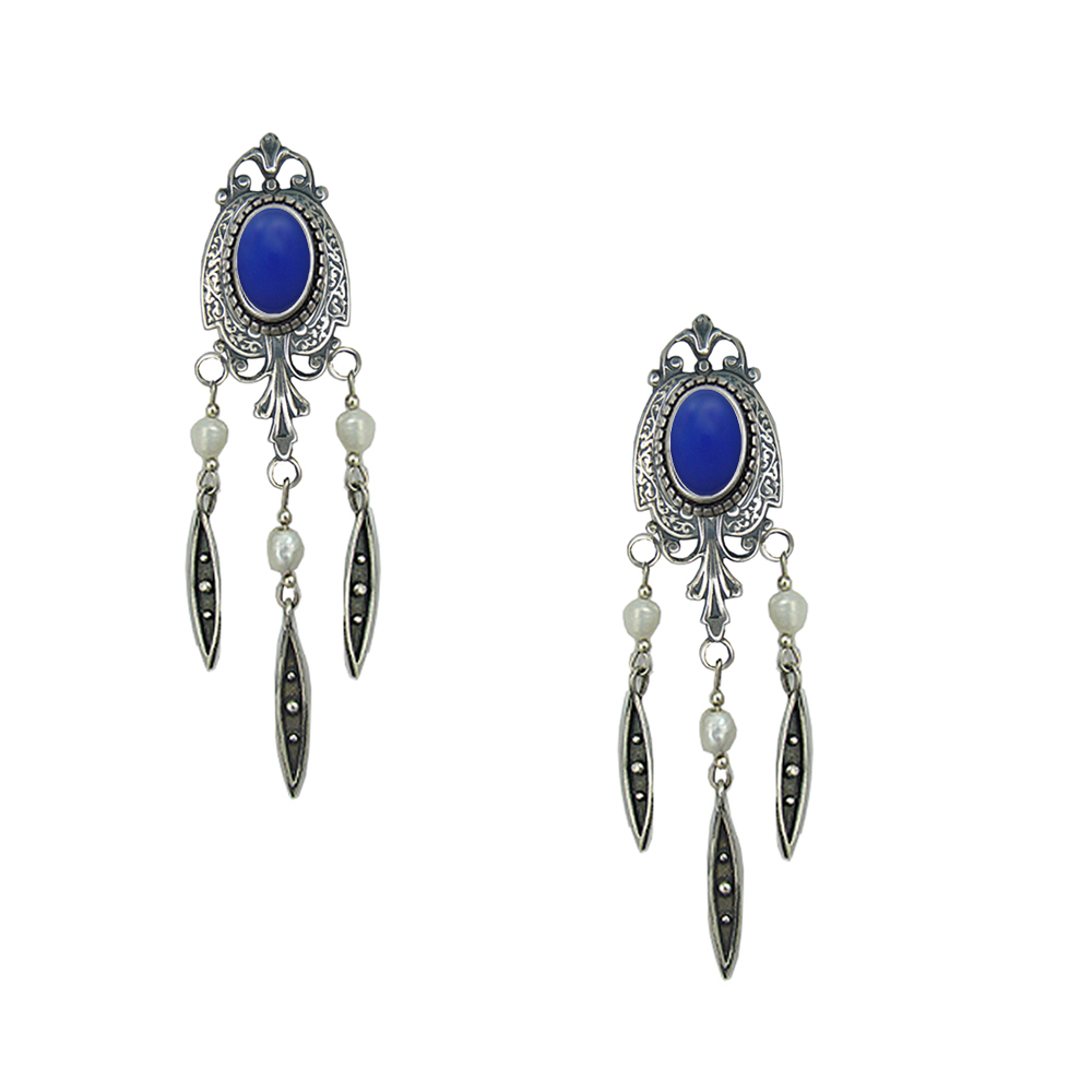 Sterling Silver Victorian Style Drop Dangle Earrings With Blue Onyx